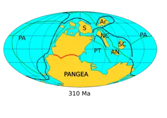 Paleogeography of Earth in the late Carboniferous, around 310 Ma. Laurussia has fused with Gondwana to form Pangaea.