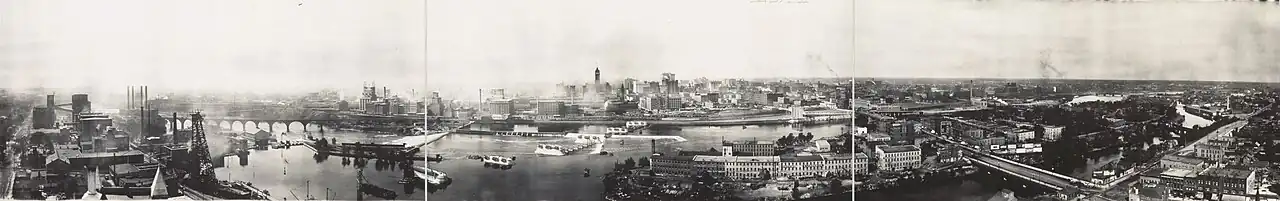 panoramic view of Saint Anthony Falls and the Mississippi riverfront in 1915
