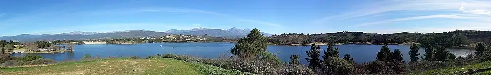 Panorama of Puddingstone Reservoir with the dam visible to the left