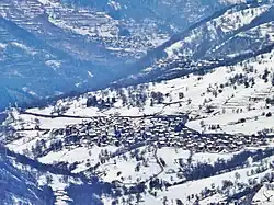Panorama from Val Thorens of the village, with Notre-Dame-de-la-Vie sanctuary visible on the left