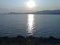 The Zemplínska Šírava reservoir from the shore in Jovsa, Medvedia hora peninsula seen in distance