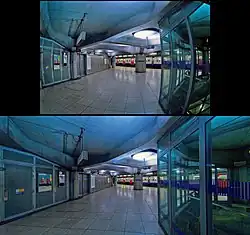 Image shot with a 16&nbsp;mm full-frame fisheye lens before and after remapping to rectilinear perspective.[n 1]