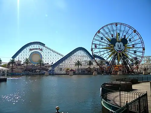 Disney California Adventure's Pixar Pal-A-Round, an eccentric wheel modelled on Wonder Wheel, was built in 2001 as Sun Wheel and became Mickey's Fun Wheel in 2009 and currently Pixar Pal-A-Round in 2018[182]