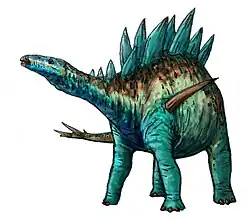 A small-headed dinosaur standing on four legs. The back has numerous bony plates extending upward.