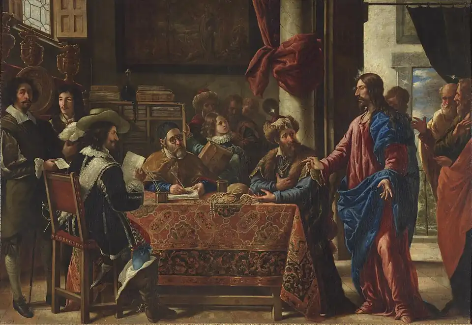 The Calling of Saint Matthew, (1661), 225 x 325&nbsp;cm, Prado Museum. Pareja paints himself at the left.[7]