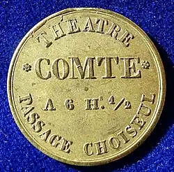 Admission token Théâtre Comte, passage Choiseul, for a family of 4, obverse.