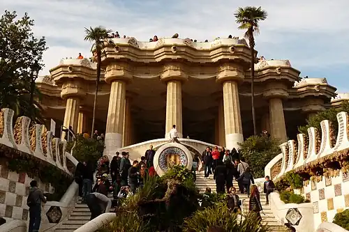 Art Nouveau Doric columns and entablature of The Greek Theatre in the Park Güell, Barcelona, Spain, by Antoni Gaudí, 1900–1914[30]