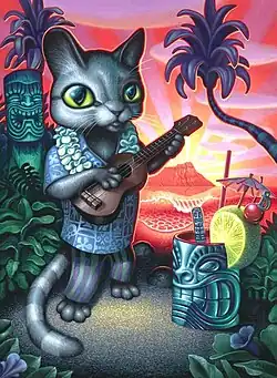 A wide-eyed anthropomorphic cat in a Hawaiian shirt and lei strums a ukulele amid tropical plants, tiki statues, and a neon sunset, in a vibrant lowbrow art style by Brad Parker