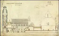 A drafted architectural section of the original Centre Block, showing the Victoria Tower at the far left, and the Library of Parliament to the right
