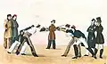 Academic fencing in Göttingen, the Hanoverians on the right (1823)