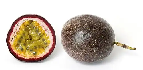 Image 21 Passionfruit Photo credit: Fir0002 A ripe passionfruit and the cross-section of another. Passionfruits are the fruit of the passion flower vine species Passiflora edulis, which is native to Brazil and northeastern Argentina, but is now cultivated commercially in frost-free areas in many countries for its fruit. Passionfruit comes in two varieties: purple (seen here), which is usually smaller than a lemon, and yellow, which is about the size of a grapefruit. More selected pictures