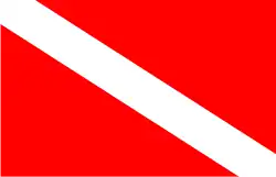 A drawing of a red flag with a white diagonal band from the top of the hoist to the bottom of the fly