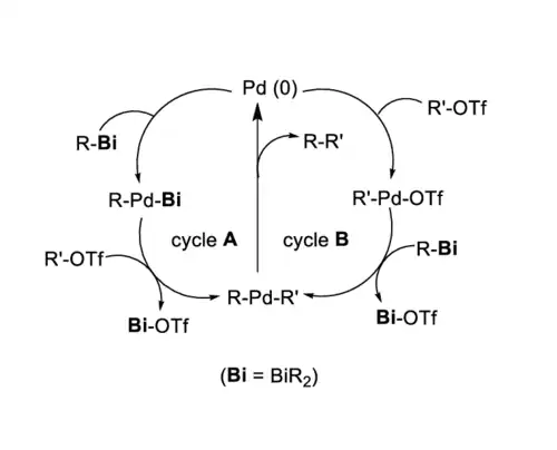 Carbon-carbon bond formation catalyzed by bismuth organometallic compounds can proceed through two different mechanisms depending on the rate of the oxidative addition to Pd(0)