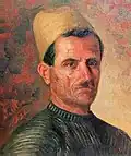 Peasant from Btalloun wearing typical mountain headdress. Oil on canvas by Khalil Saleeby, 1926