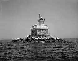 Penfield Reef Lighthouse is located in Long Island Sound off the coast of Fairfield Beach