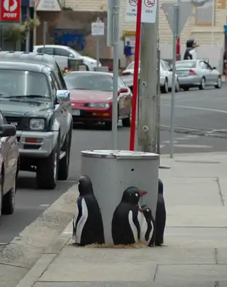Penguin-themed rubbish bin in the town