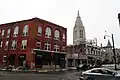 New restaurants near Centre Ave with East Liberty Presbyterian Church in background.