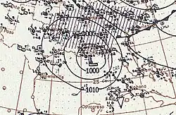 A map showing the hurricane's isobars and station observations in the Gulf of Mexico and on surrounding landmasses
