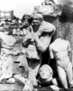 Part of the archaeological remains called Perserschutt, or "Persian rubble": remnants of the destruction of Athens by the armies of Xerxes I. Photographed in 1866, just after excavation.