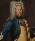 Peter Lilliehorn in the uniform and gorget of a major at the Kalmar Regiment, the gorget with the royal cypher of Frederick I of Sweden, 1727.