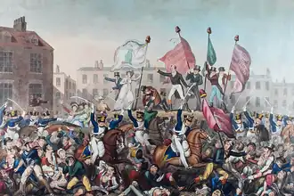 A coloured print depicting soldiers in blue and white uniforms amongst a crowd of people wearing various colours and waving unicolour flags. The people are fighting and some are on the floor.