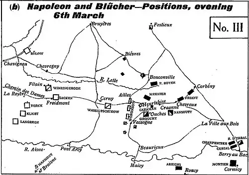 Map is labeled: Napoleon and Blucher, Positions, evening 6th March
