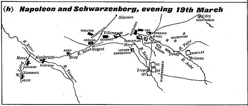 Map is labeled Napoleon and Schwarzenberg, evening 19th March