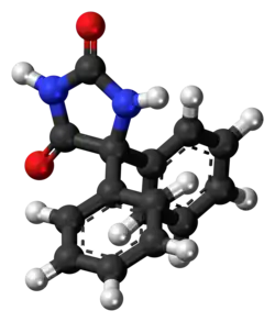 Ball-and-stick model of the phenytoin molecule