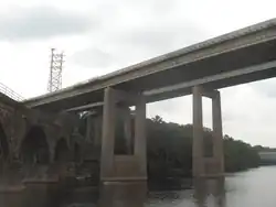 Twin Bridges in 2010, with Reading Railroad Bridge (far left) and Falls Bridge (far right).