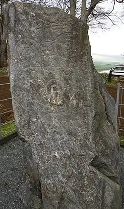 Tall stone with Pictish carvings.