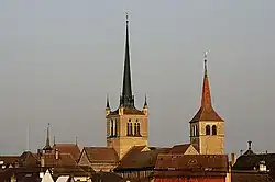 The towers of the Abbey and the Reformed church above Payerne
