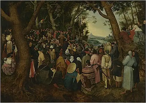 Copy (after 1616) by Pieter Brueghel the Younger of his father's work omitting the bearded man in black, facing the spectator in the original, Groeningemuseum, Bruges