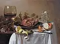 A still life with a roemer, a crab and a peeled lemon, Pieter Claesz, 1643