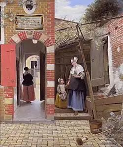 Pieter de Hooch, Courtyard of a House in Delft, 1658, a study in domestic virtue, texture and spatial complexity. The woman is a servant.[55]
