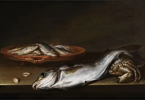 Still life of fish on a wooden table; probably 1650s