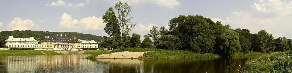 Riverside Palace with, in the foreground, the elongated isle and nature reserve on the Elbe