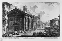 Veduta del Tempio della Fortuna virile, etching by Giovanni Battista Piranesi, c. 1770; the Temple of Hercules Victor to the right
