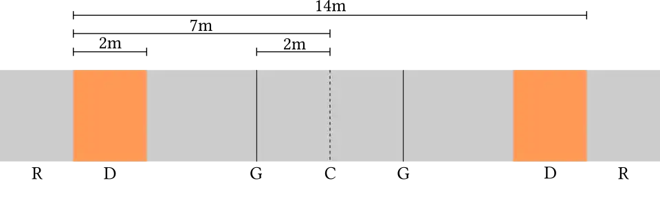 Fencing strip: (C) center line; (G) guard lines; (D) last 2 meters zone
