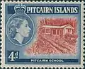 A 1957 stamp depicting the school-master's house, although it is erroneously labelled "Pitcairn School"