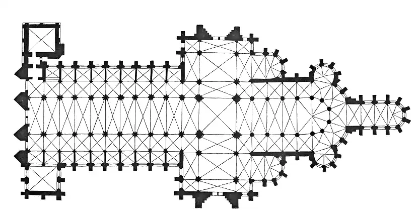 Plan of the cathedral (west front and nave to left, transept, choir and apse and Virgin Mary Chapel to right)