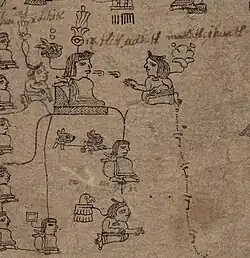 Detail of a 16th-century manuscript painted by the Aztecs. Tecpaxochitl appears at the top-left corner, sitting behind King Ixtlilxochitl I, who is sitting on a throne in front of her. At the top-right corner, his wife Matlalcihuatzin sits facing him. Nezahualcoyotl appears beneath both, at the centre of the picture, connected to his parents with lines. Beneath him and also connected to him with a line is his younger sister, Tozquentzin. The individuals are identified by their name glyphs attached to their heads.