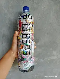 585g of plastic sequestered into an ecobrick. - Ecobrick and photo by Aang Hudaya, Bogor, Indonesia.
