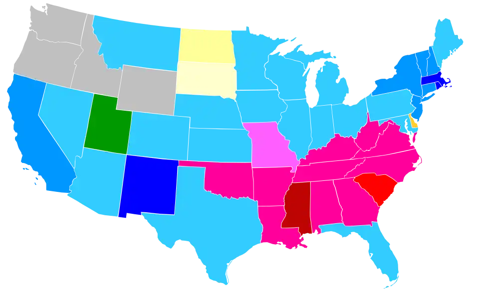 Plurality religion by state, 2001. Data is unavailable for Alaska and Hawaii.
