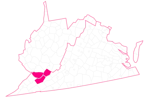 Geographical boundary of the Pocahontas Coalfield (in pink) comprising Tazewell County Virginia, McDowell County West Virginia and Mercer County West Virginia