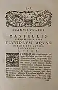 First page to De Castellis per quae derivantur fluviorum aquae habentibus latera convergentia liber (1718)