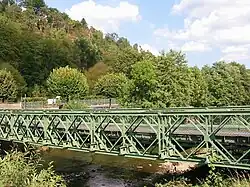A metal bridge in a forest.
