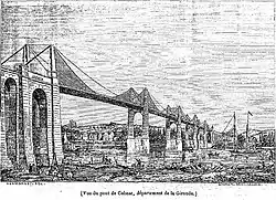 A black and white sketch showing a suspension bridge.