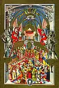 Crown and Lithuanian Standard-Bearers holding banners of Poland and Lithuania respectively in Erazm Ciołek's Pontifical (ca. 1515)