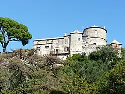 Photograph looking up at a castle on the top of a steep hill covered in trees