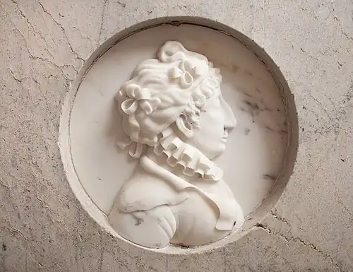 Portrait relief of Krag-Juel-Vind's wife from her sarcofagus.